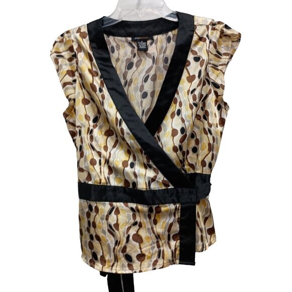 BCBGMaxazria Womens Wrap Blouse Size Medium Yellow Brown Abstract Satin Top - Picture 1 of 9